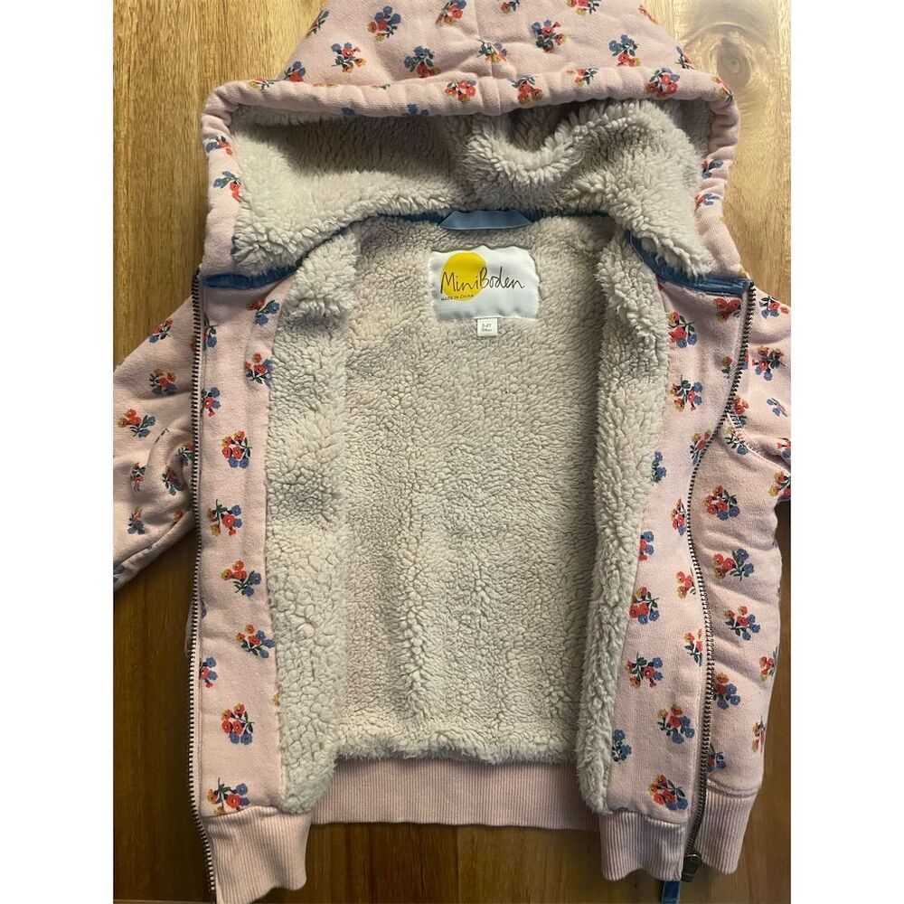Mini Boden Girls Floral Shaggy-Lined Hoodie Jacket Pink Size 3-4Y Long Sleeve - Picture 3 of 5